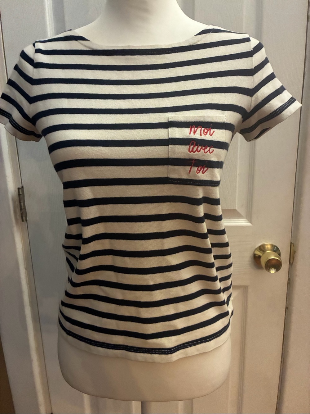 Madewell et Sezane Breton Striped Embroidered Pocket T-Shirt Size XXS Nautical